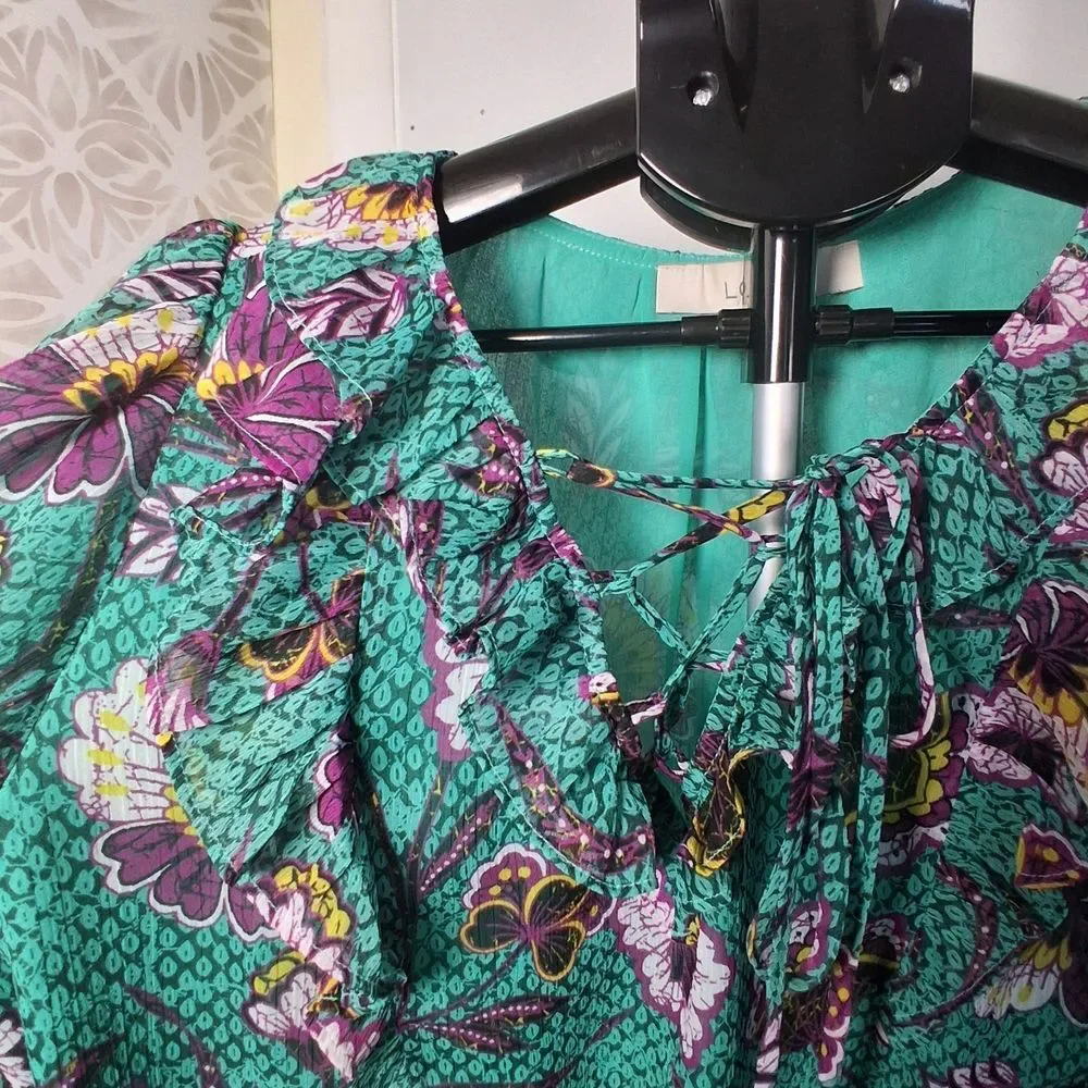Green Floral Ruffle-Trim Women's Blouse puff sleeve